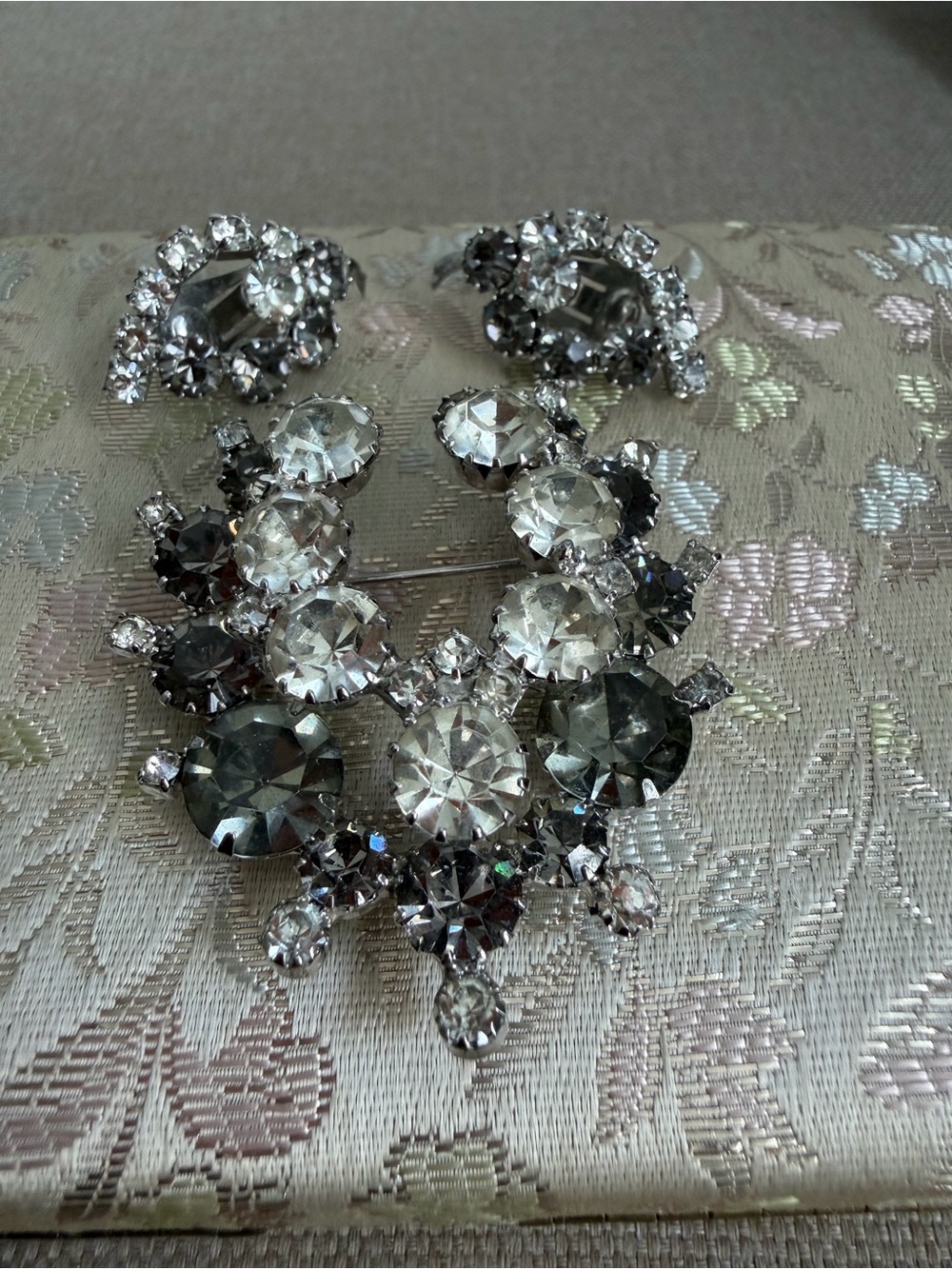 Continental Clear and Smoky Crystal Silver-Tone Brooch Set